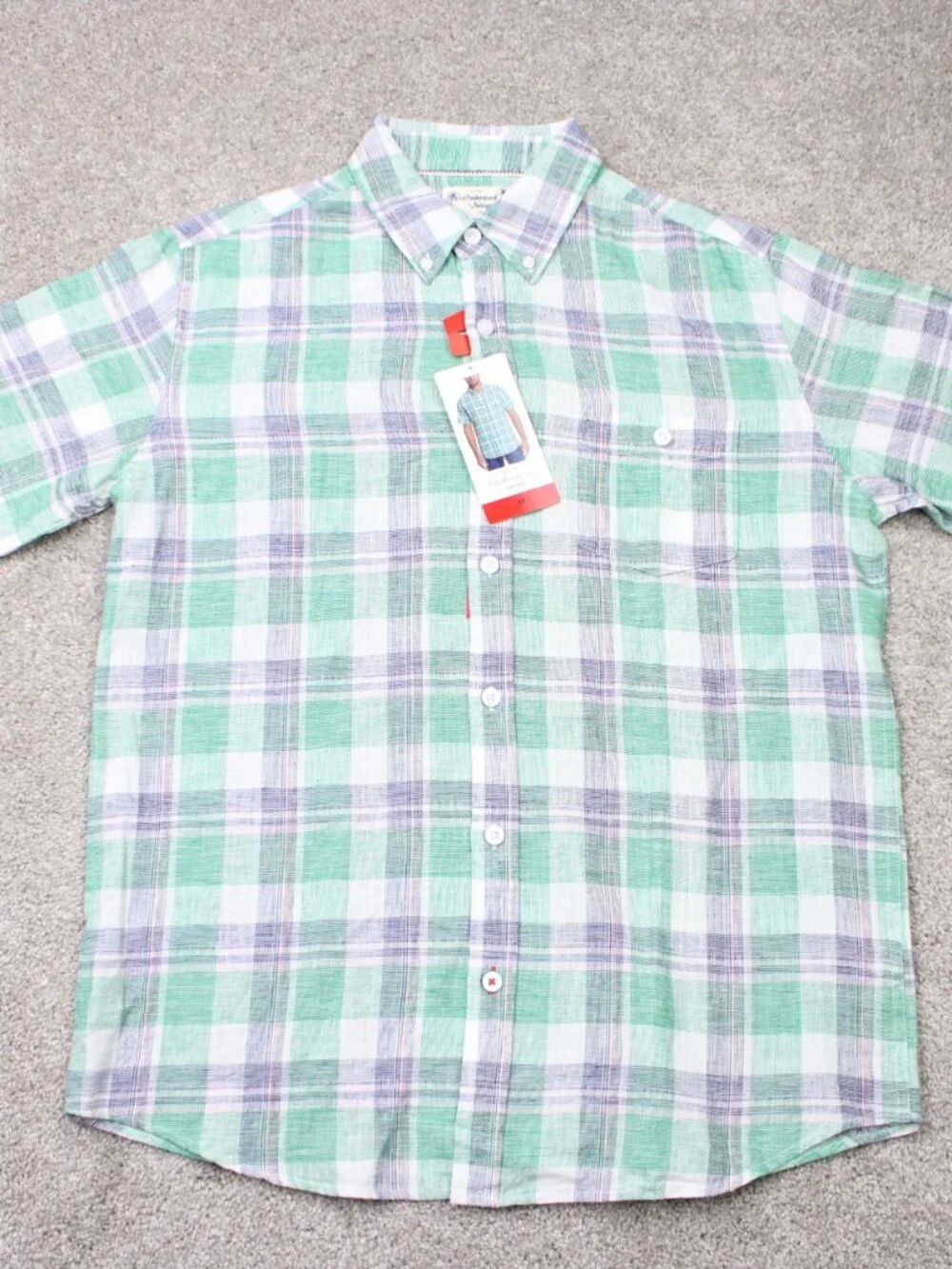 Weatherproof Vintage Shirt NWT Men Medium Green/Blue Washable Linen Short Sleeve